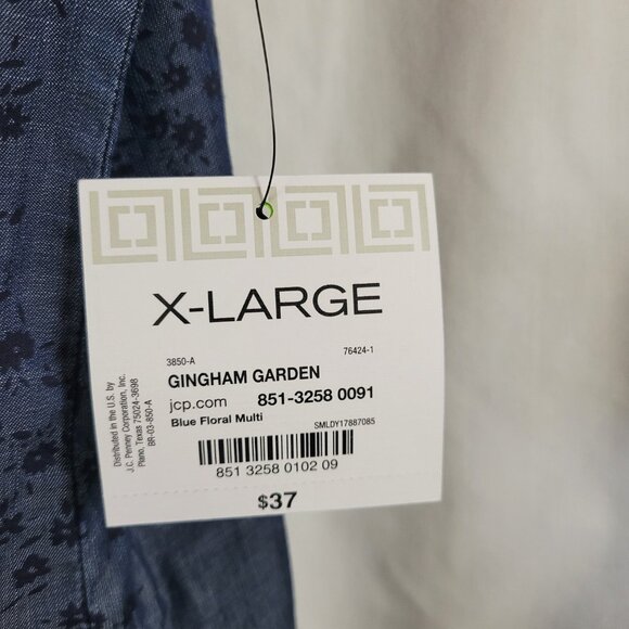 NEW Liz Claiborne XL Gingham Garden Top Blouse floral Blue Cap Sleeves pleat NWT - Picture 8 of 10